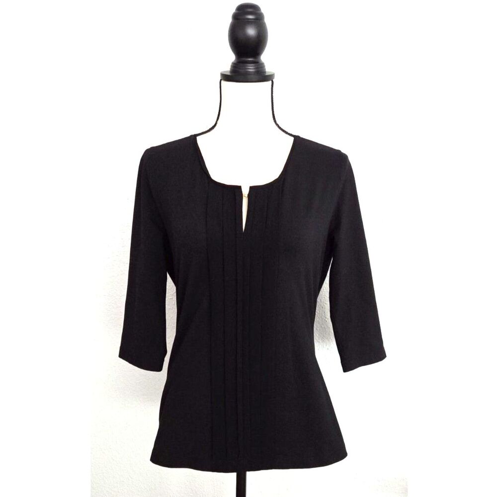 BOSS Hugo Emmilia Womens Chiffon Pleated Trim Split Neck Jersey Top 3/4 Sleeve